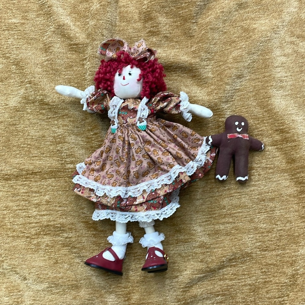 Handmade signed, Christmas gingerbread rag doll with gingerbread doll.